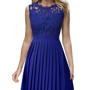 VFSHOW Womens Royal Blue Floral Lace Pleated Dress